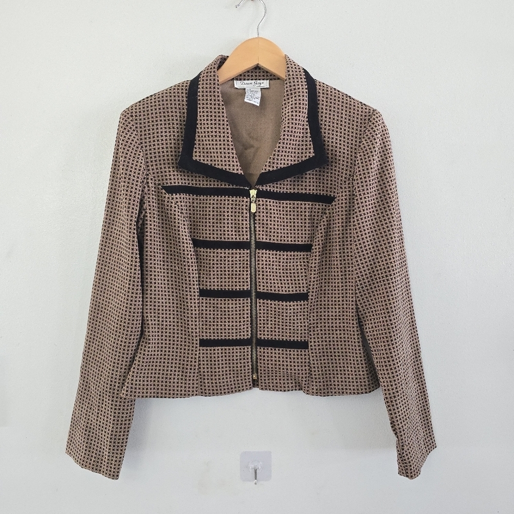 Vtg 90s Y2K Dawn Joy Houndstooth Brown Blazer Women's Sz 7/8 Velvet Office Siren